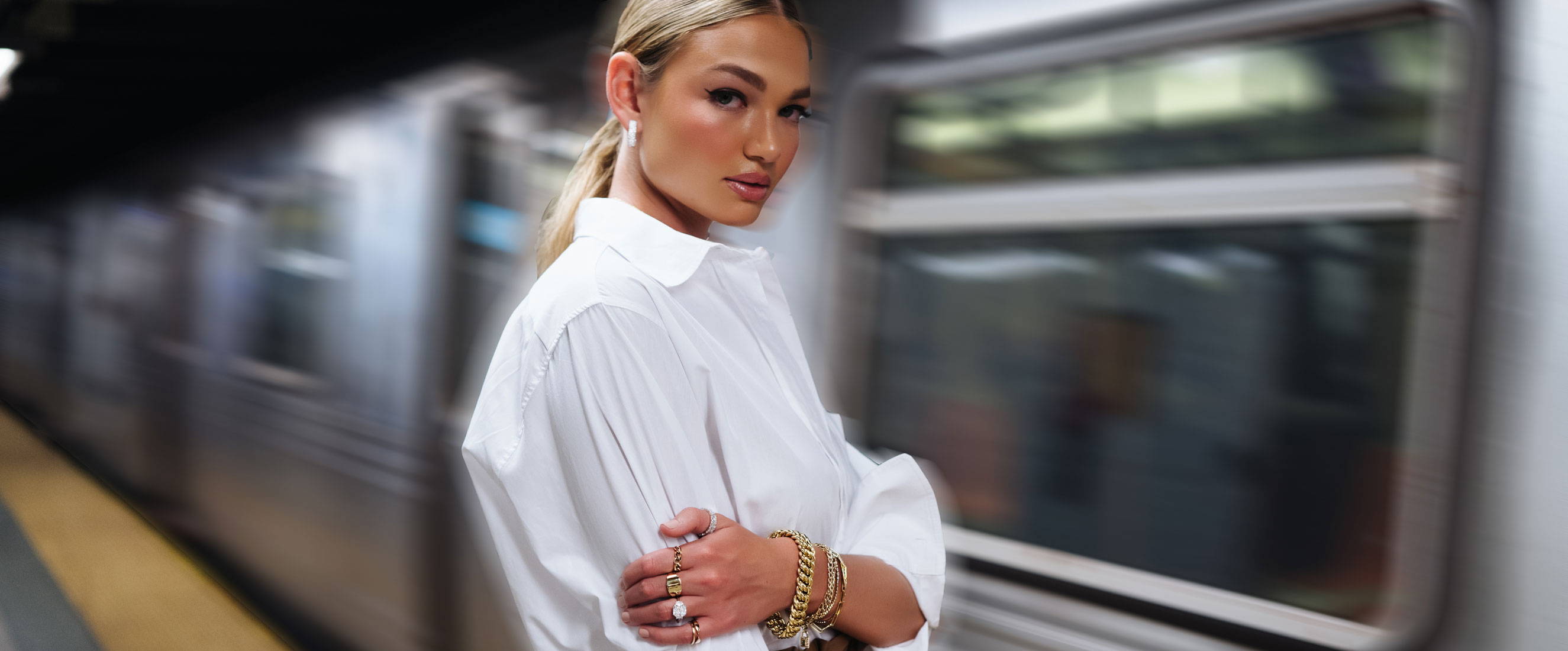 Model wearing Ring Concierge fine jewelry and bespoke engagement ring