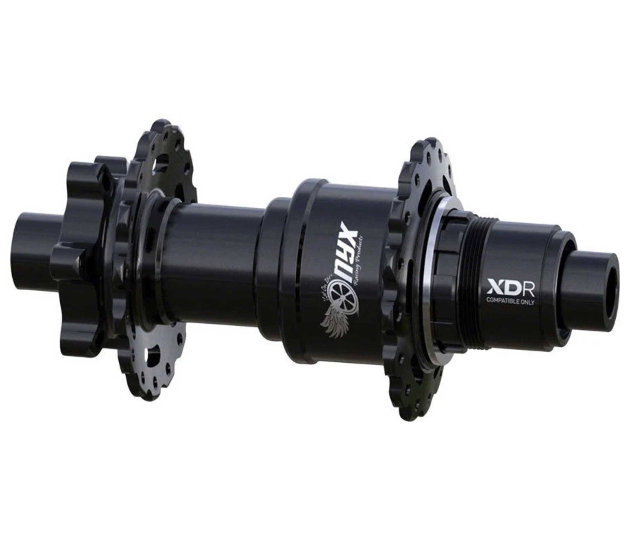 Bicycle rear hub, black, with multiple gears and connectors.