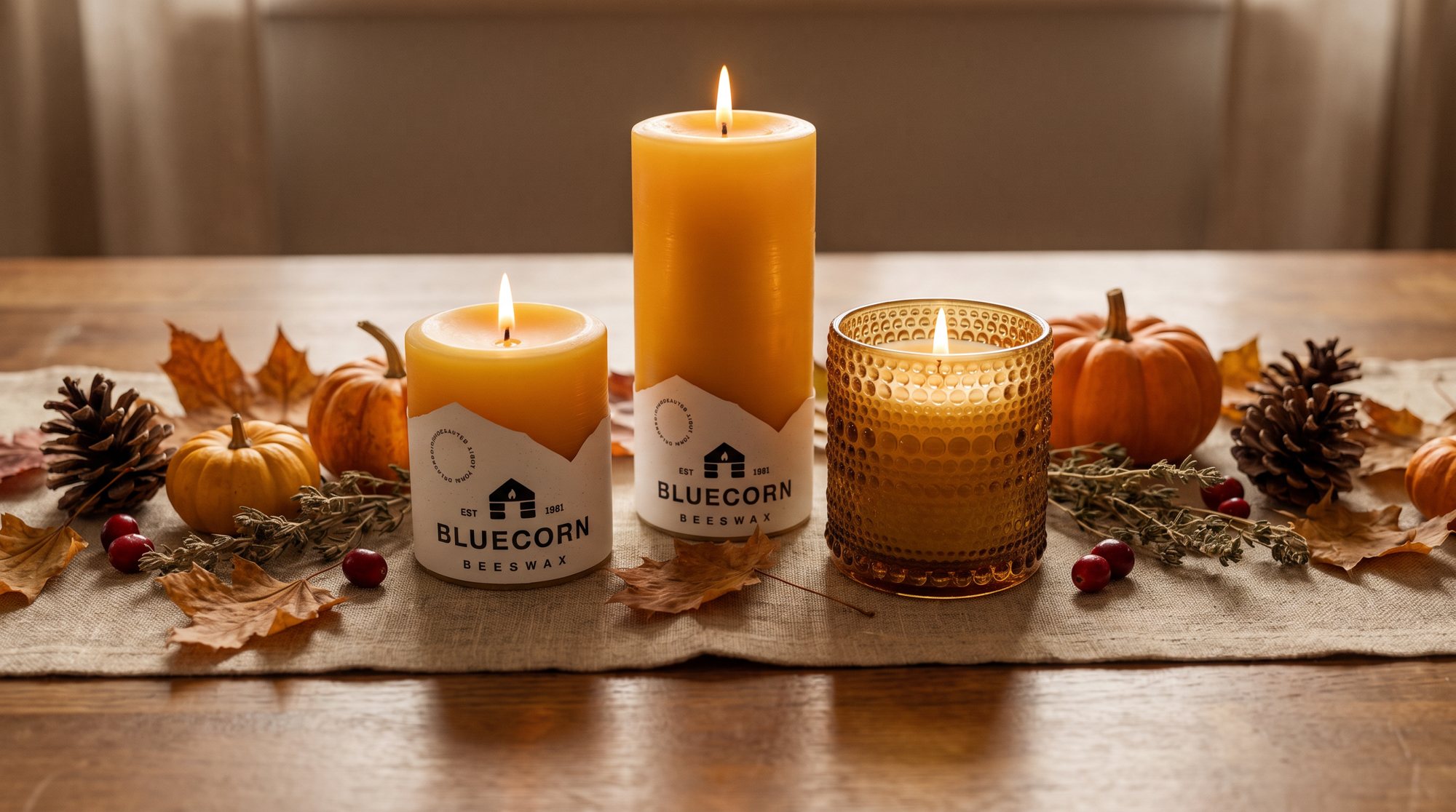 Beeswax and Aromática candles among pumpkins, pine cones and autumn leaves on a table runner