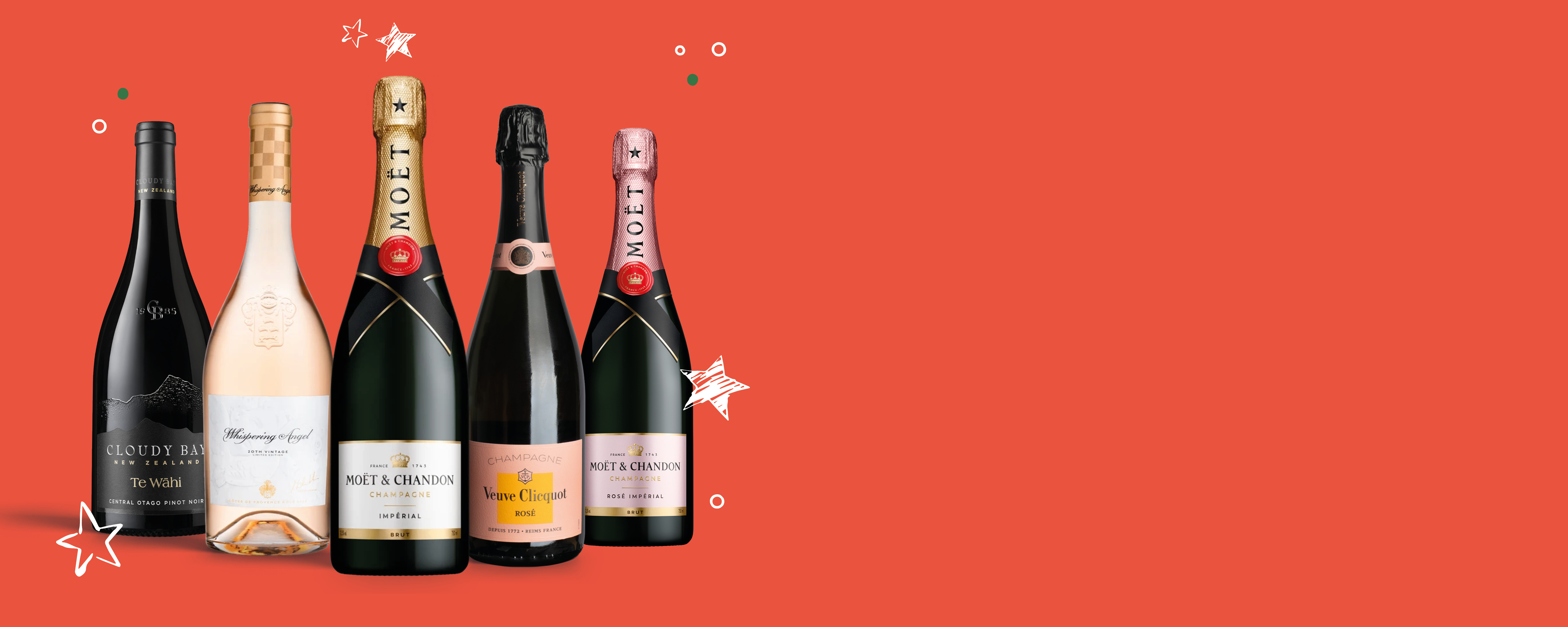 Five bottles of champagne displayed against a red background with stars.