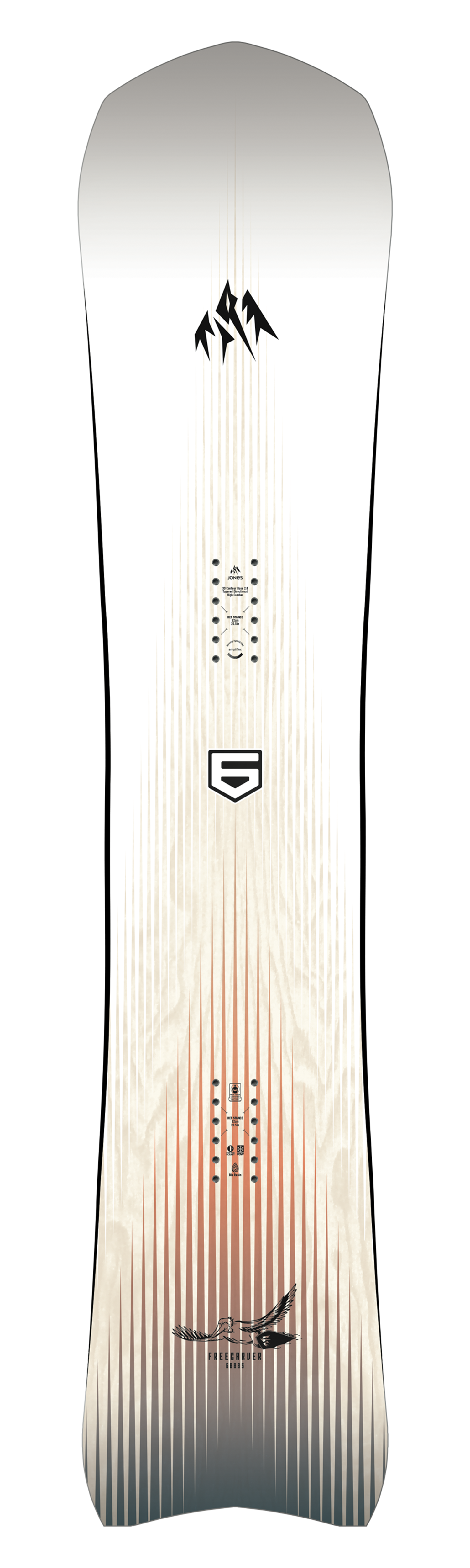 Snowboard with a gradient design and mountain logo at the top.