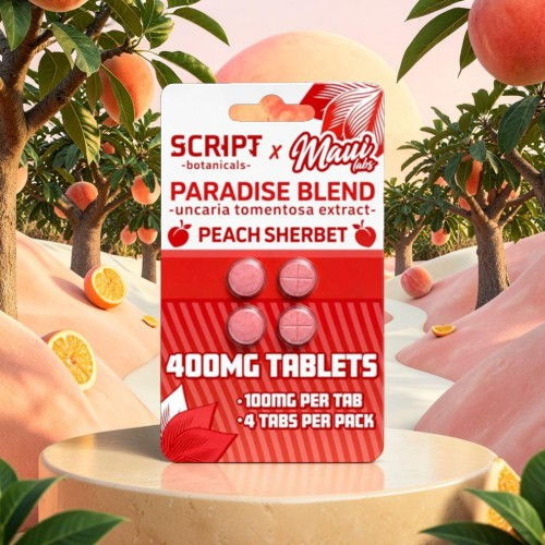 Packaging for peach sherbet-flavored tablets in a tropical setting.