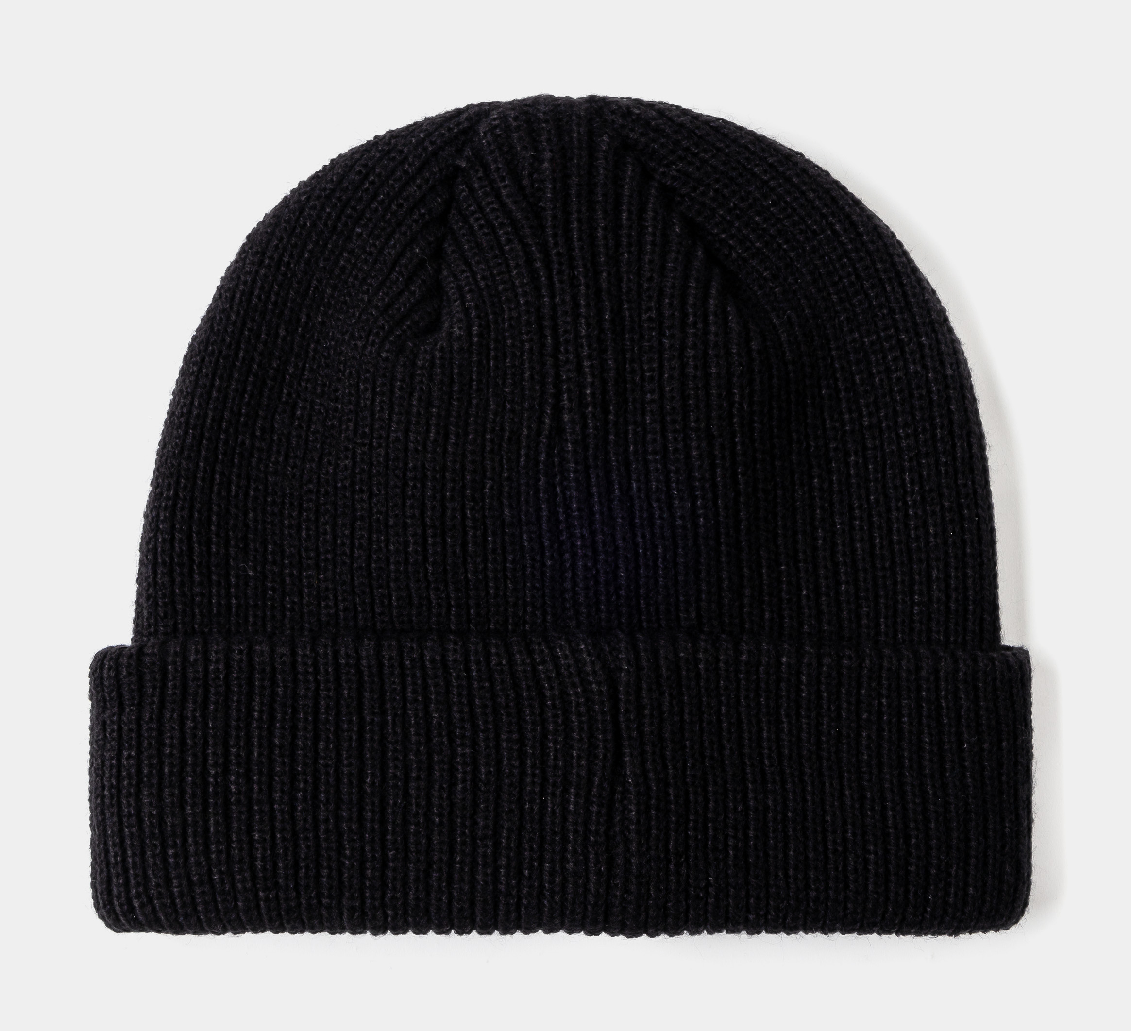 Black knit beanie with a dog design and patch logo.