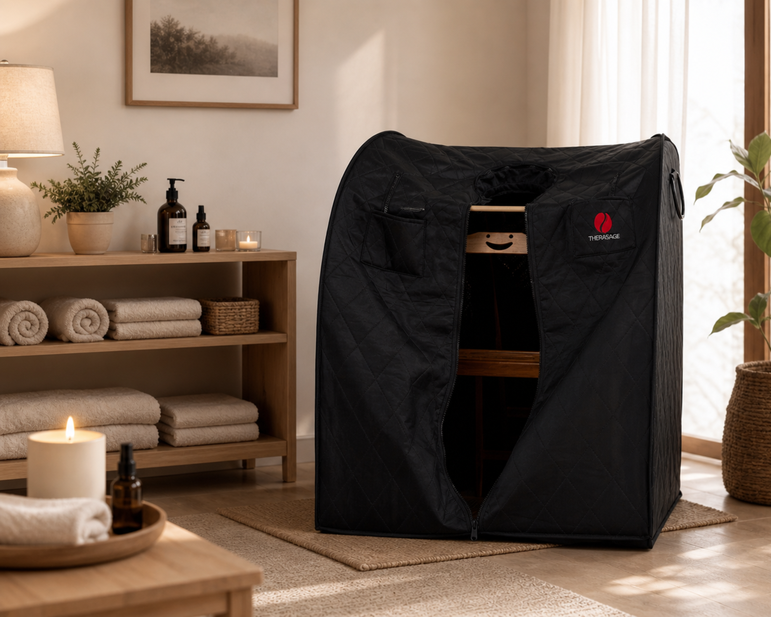 Black spa tent in a cozy, well-decorated room with candles and towels.