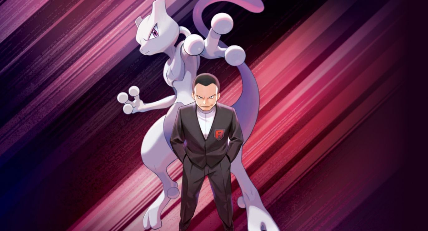 A character in a suit with a purple Pokémon behind him.