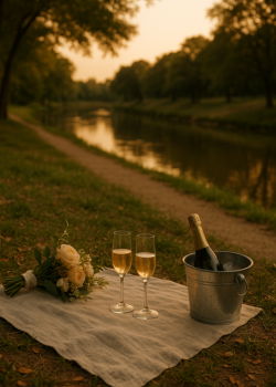 Romantic picnic proposal setup with champagne, roses, and a blanket beside a peaceful lakeside path.