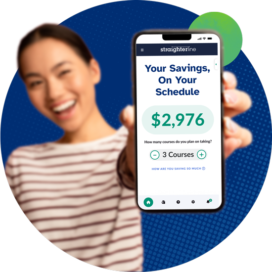 Smiling woman holding a smartphone displaying savings information.
