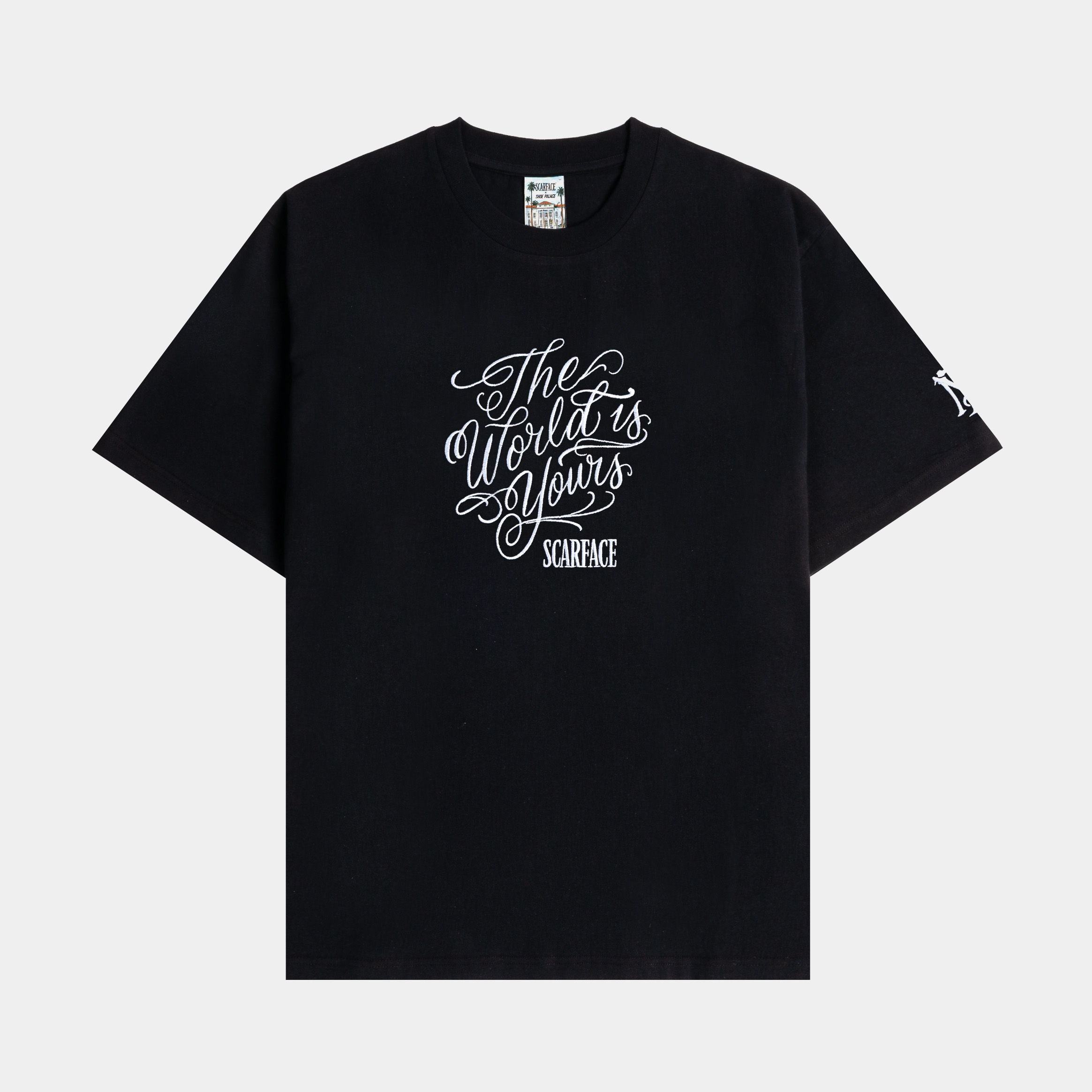 Black t-shirt with white graphic text design on the front.