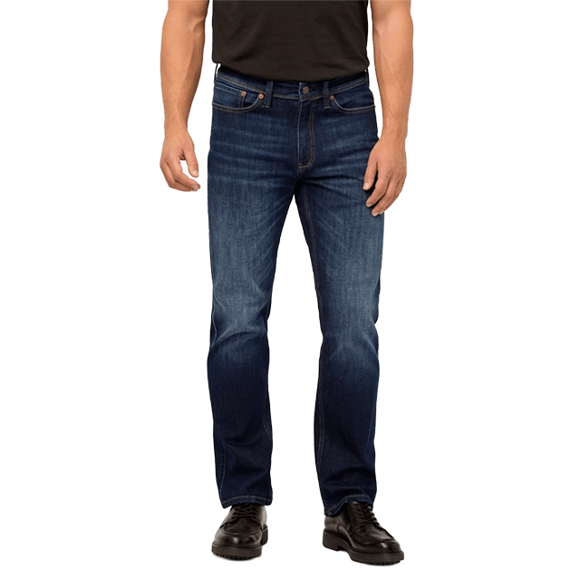Man wearing dark blue jeans and a black t-shirt.