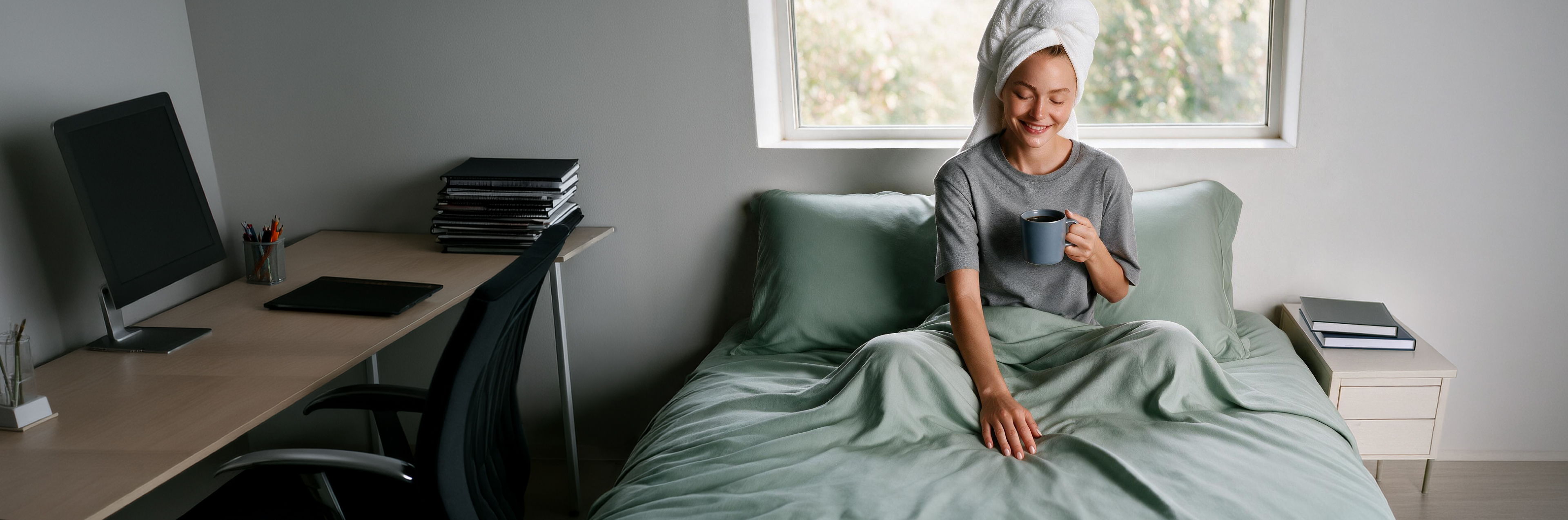 a woman sitting on a bed wearing black sleepwear