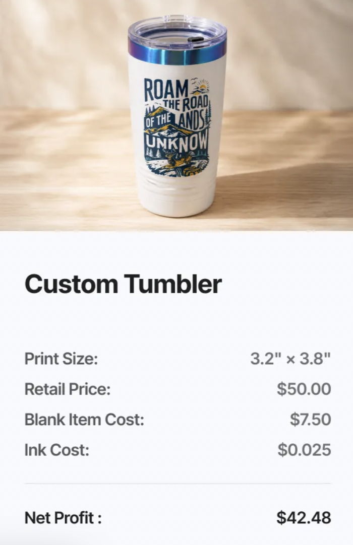 Custom tumbler with pricing and profit details displayed beside it.