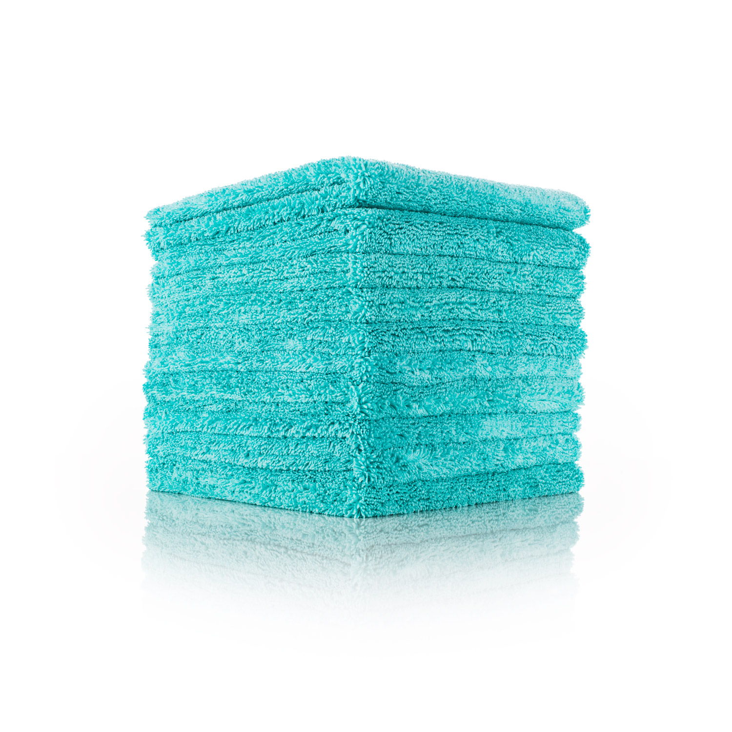 Stack of teal towels neatly arranged on a white background.