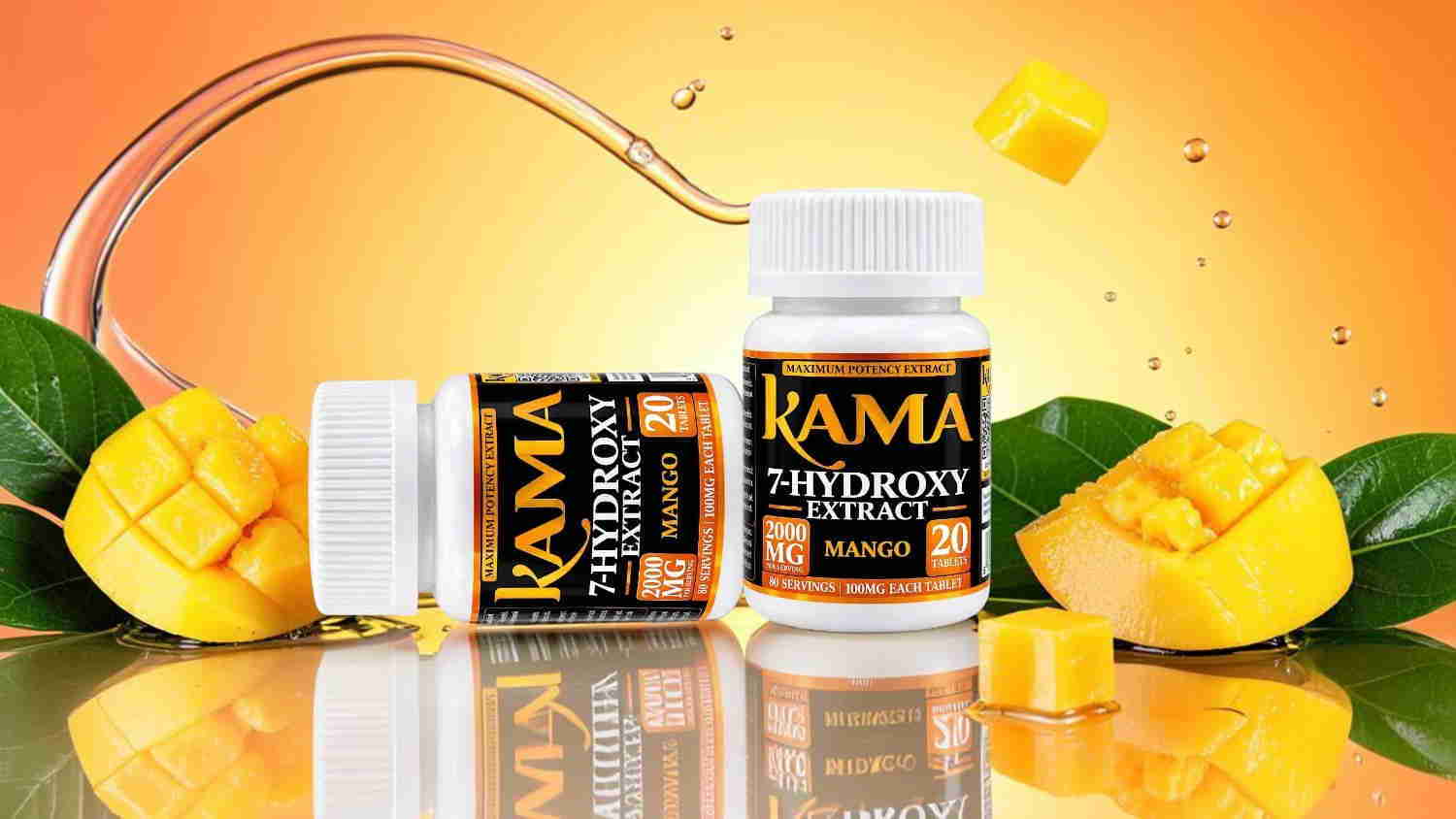 Bottles of Kama supplements with mango pieces and leaves on a vibrant background.