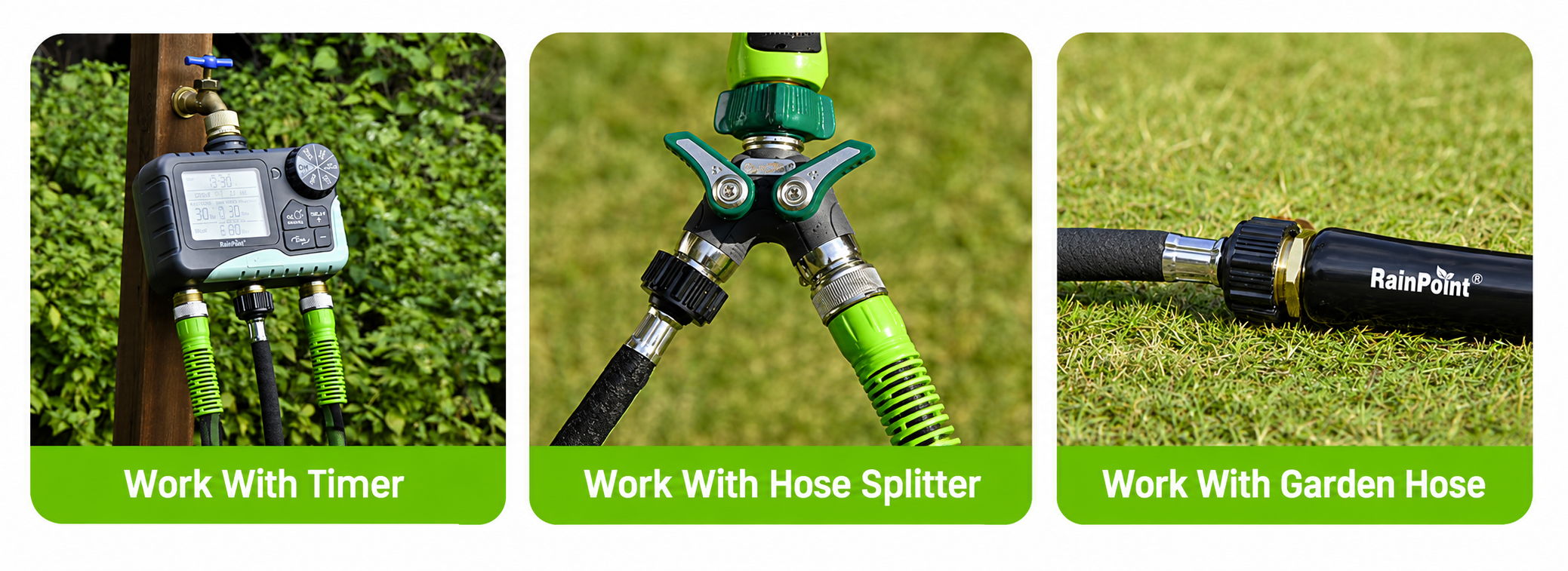 Garden accessories compatible with timer, hose splitter, and garden hose.
