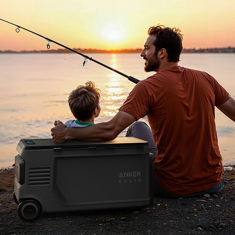 Father and son fishing by the sunset, sitting beside Anker Solix cooler.
