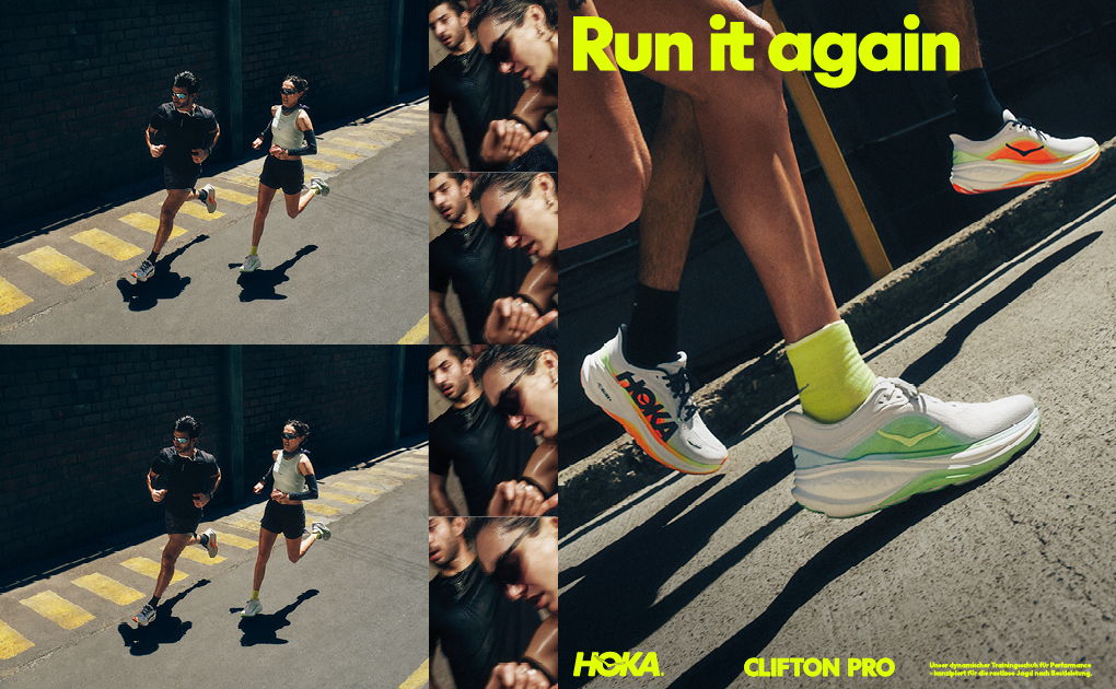 Der Hoka Clifton Pro in einem Action Werbebild von Hoka.