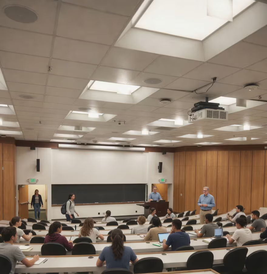 A classroom with students seated and instructors at the front.