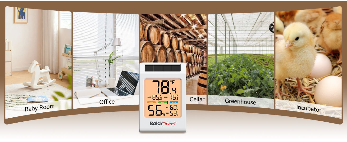 Temperature and humidity monitor with various environmental settings displayed.