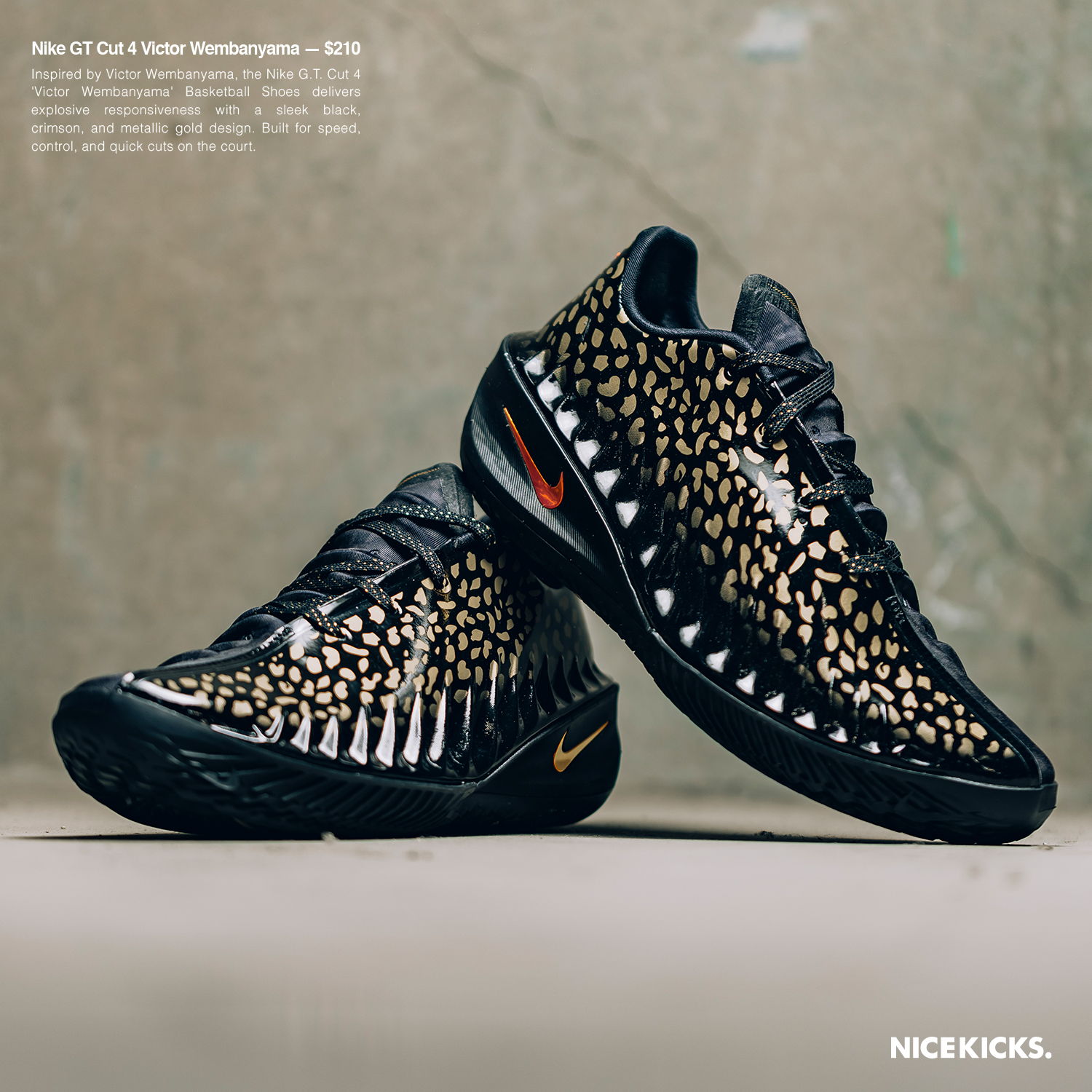 Stylish black and gold Nike sneakers with spikes and unique design.