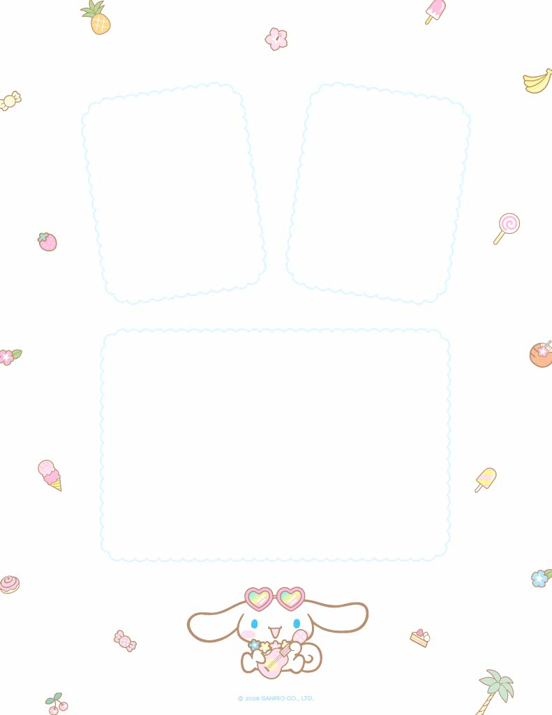 Cute blank notepad with Cinnamoroll and colorful fruit motifs.