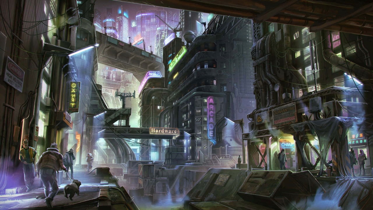 Futuristic cityscape with neon lights and a waterway.