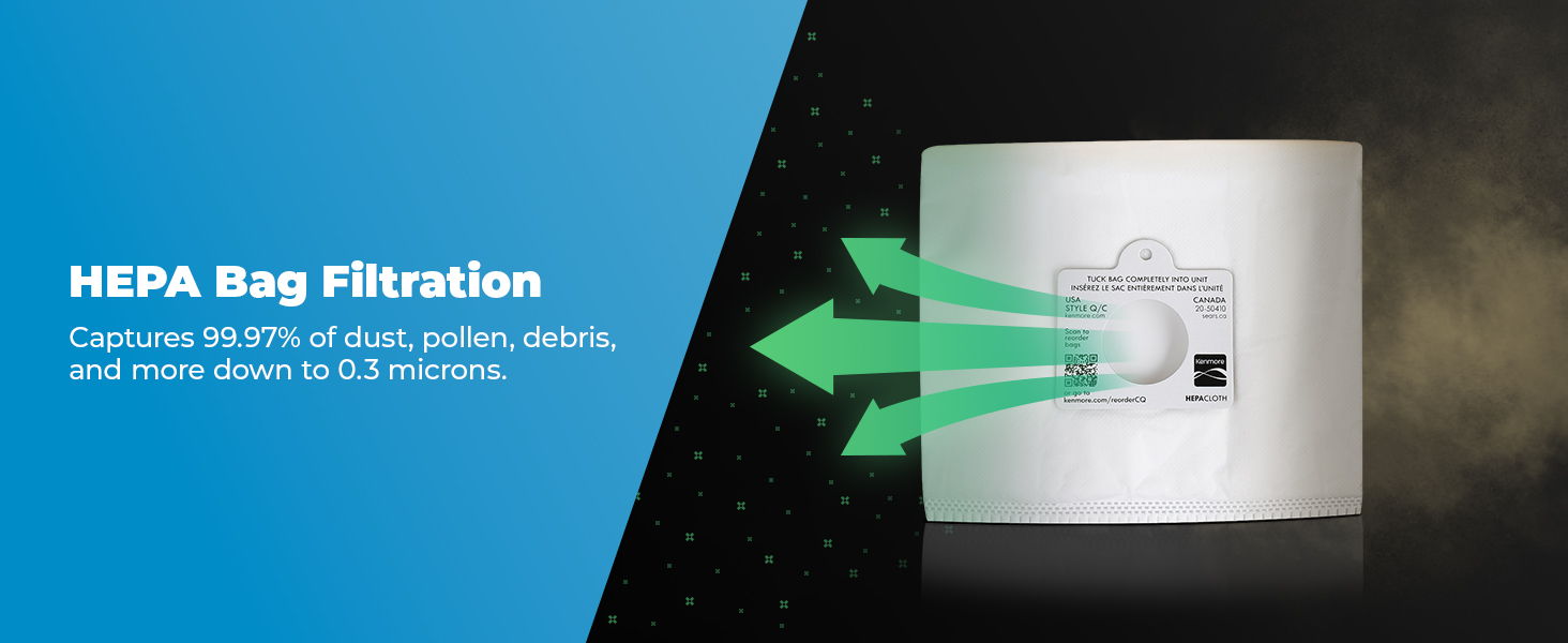 HEPA bag filtration system capturing dust, allergens, and fine particles efficiently.