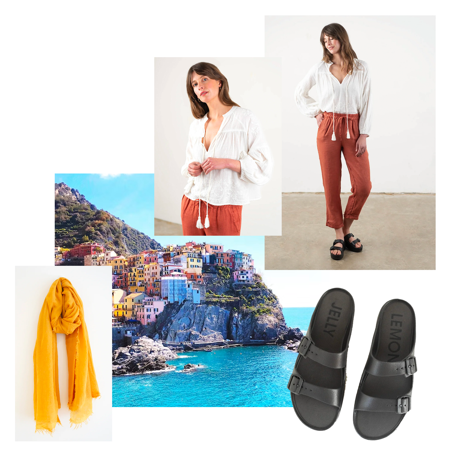 A collage of images featuring a coastal short of Positano, a yellow bamboo scarf, black chunky platform slides and a model wearing a white slochy embroidered top with terracotta coloured tapered linen trousers.