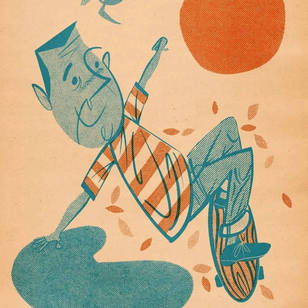 DupliTone halftone illustration of a man riding a skateboard by M. Guerrero ArtStudio