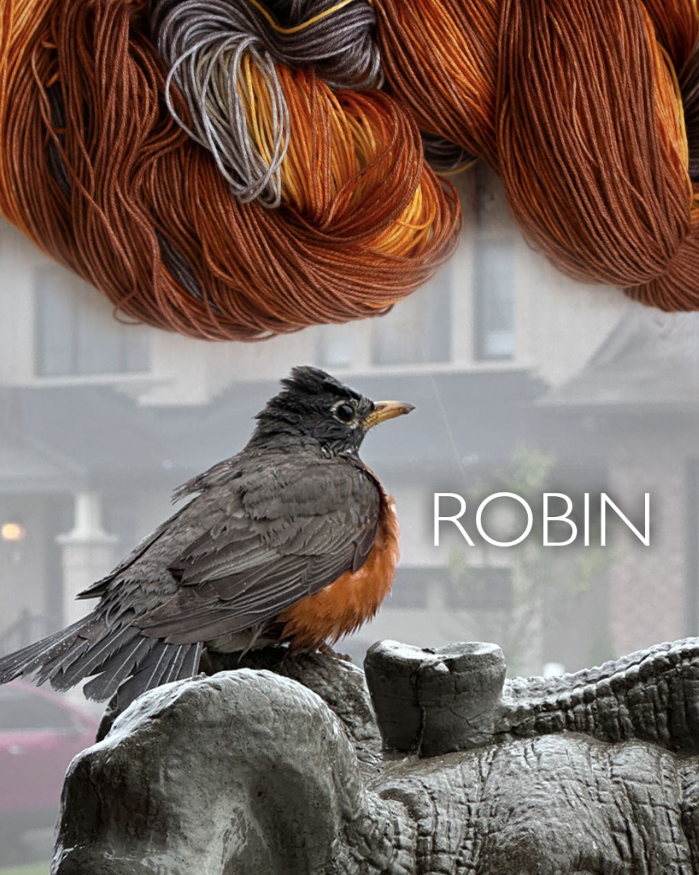 rust and brown grey yarn with a robin bird