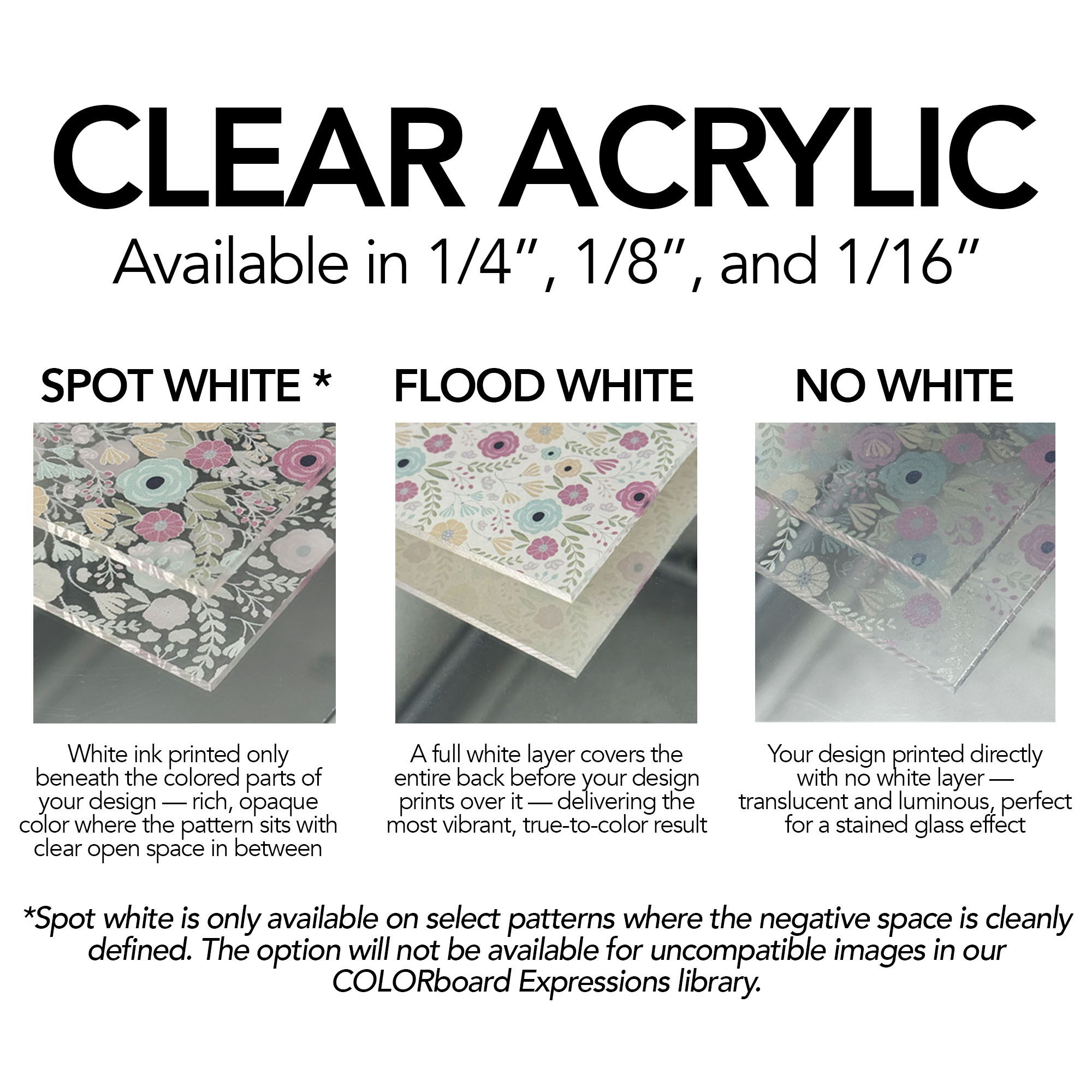 Clear acrylic print options — spot white, flood white, and no white — COLORboard Expressions