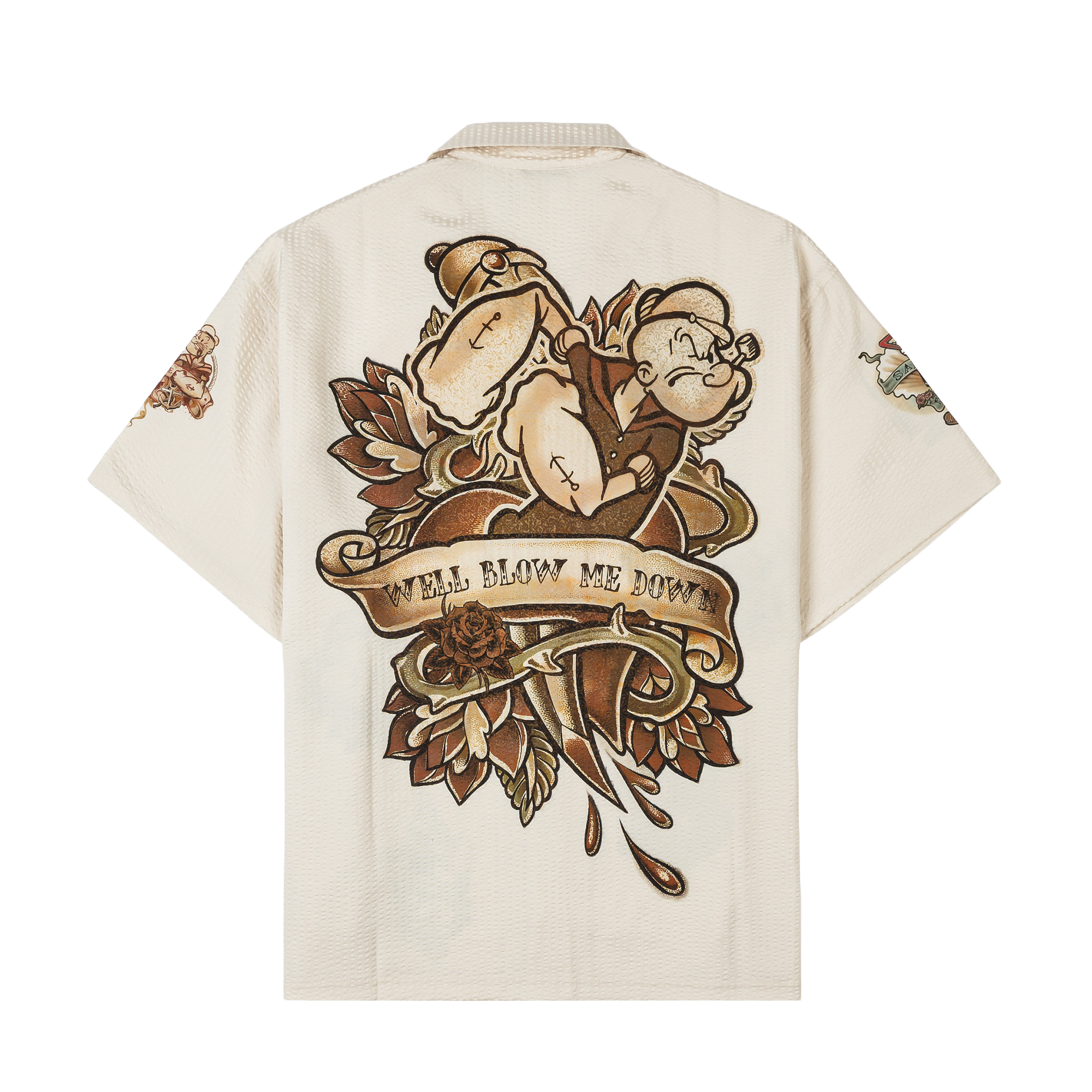 Short-sleeved cream shirt with various colorful graphic designs.