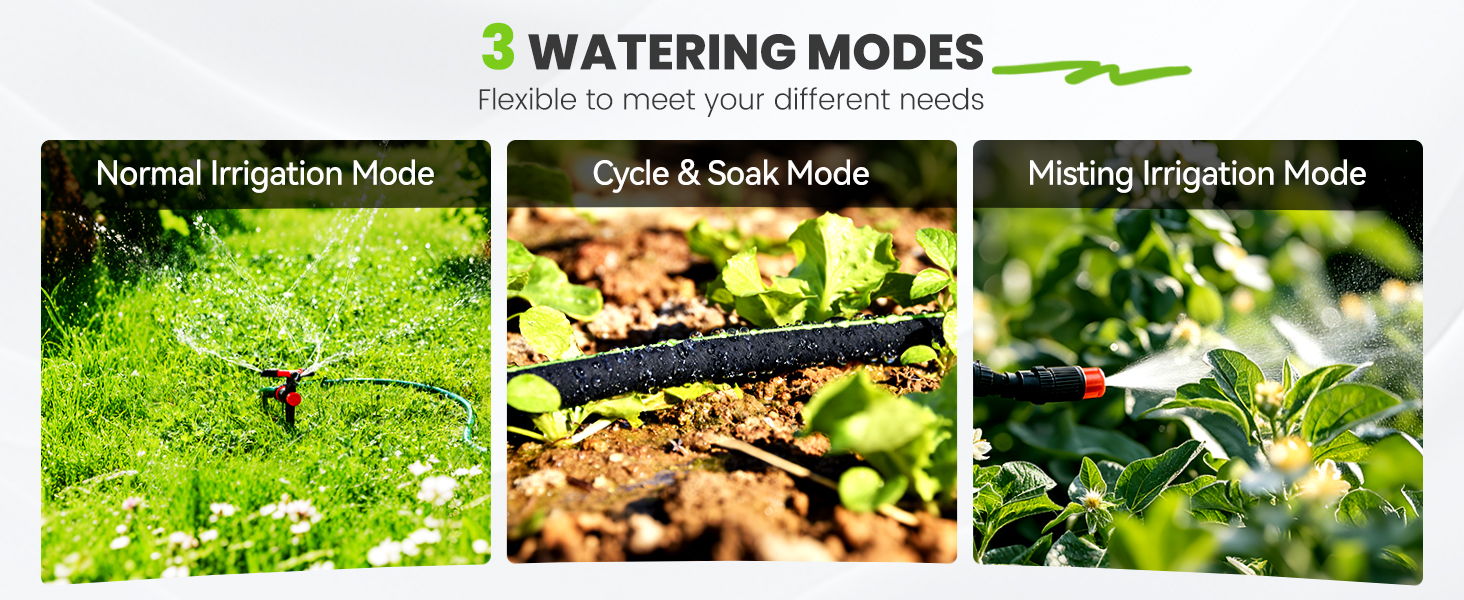 Three watering modes for different needs: Normal, Cycle & Soak, and Mist.