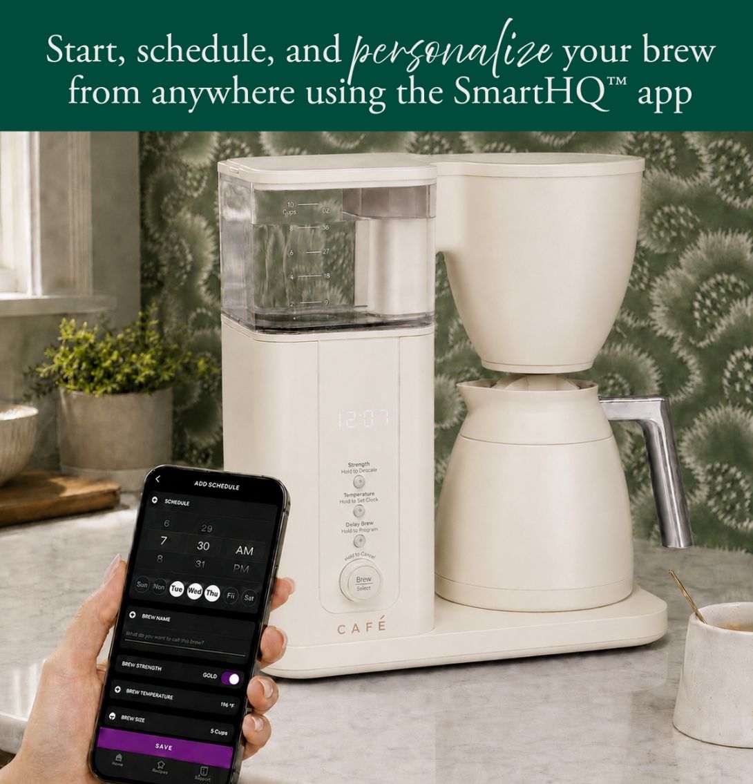 Smart coffee maker with smartphone app for remote brewing control.