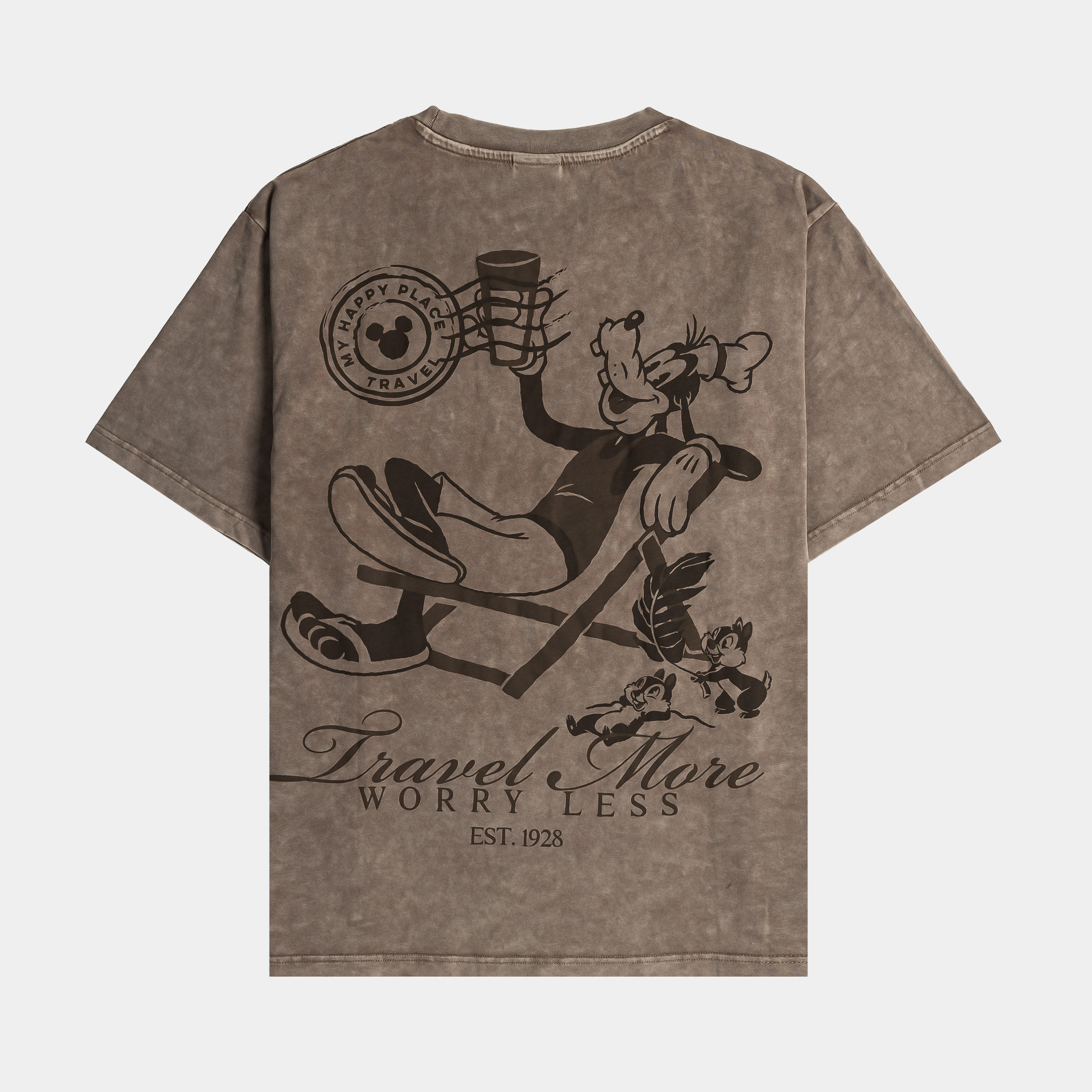 Brown t-shirt featuring Mickey and Minnie Mouse graphic design.
