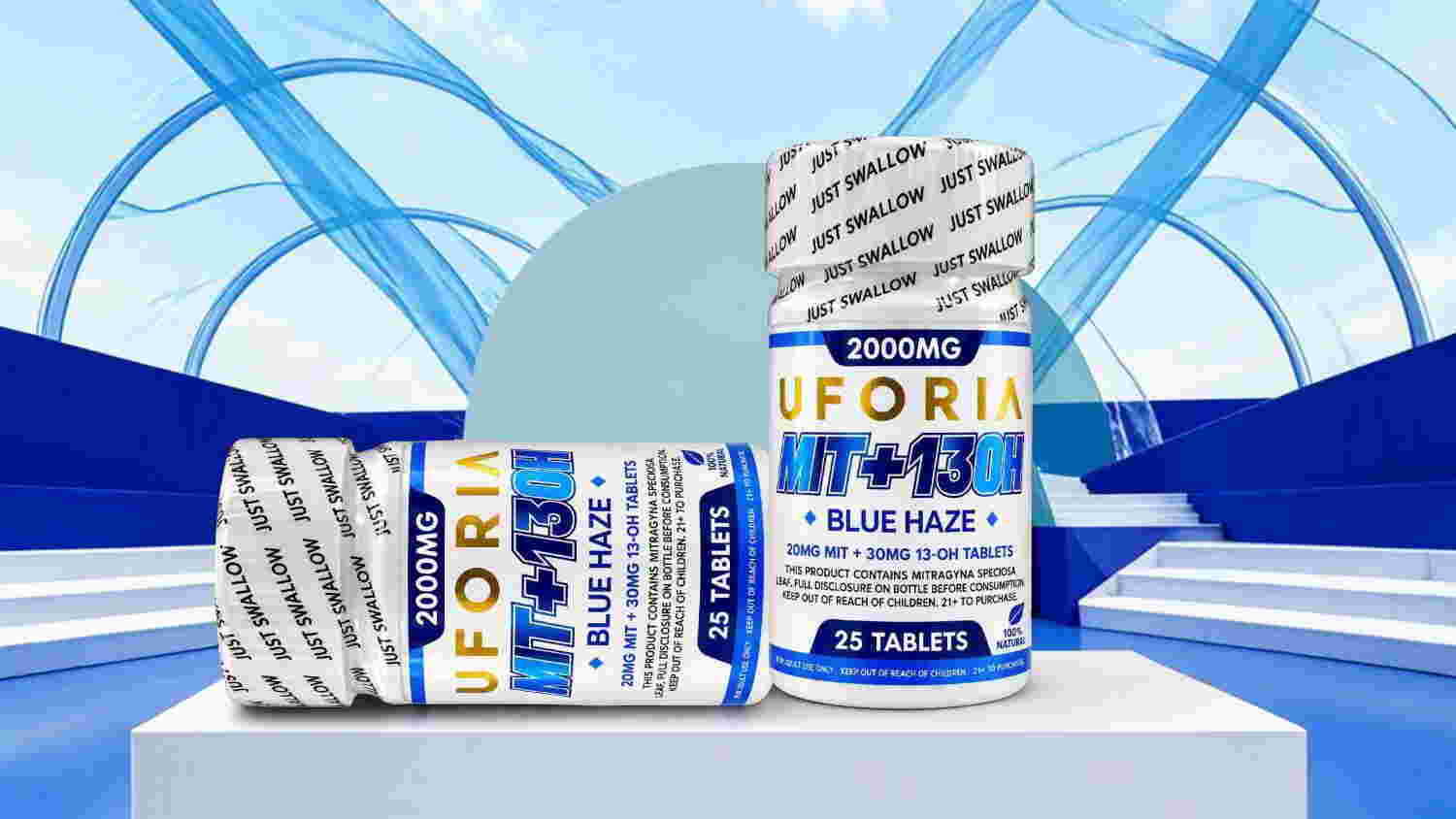 Two bottles of Uforia products on a blue background.