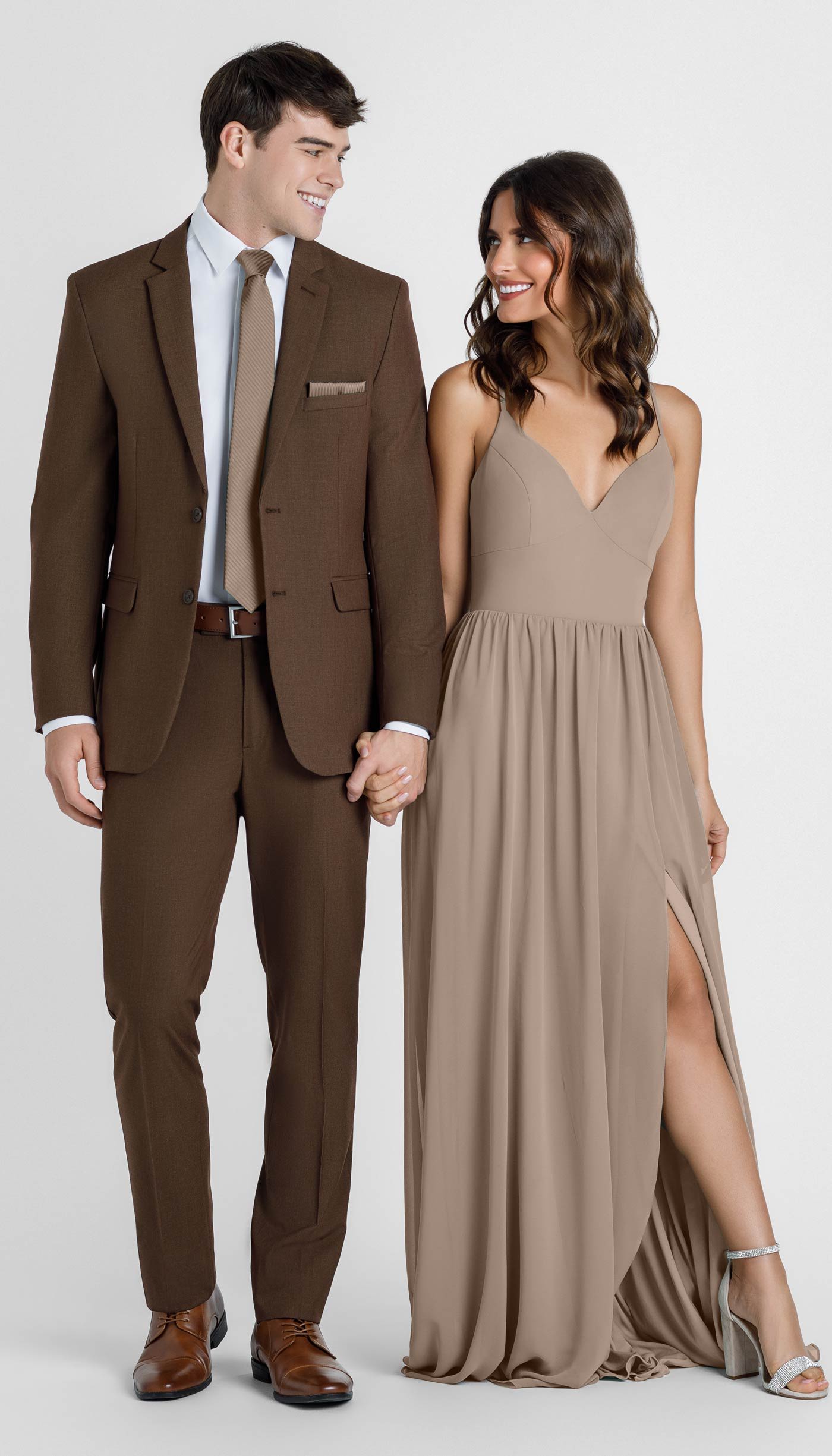 cocoa suit with latte bridesmaid dress