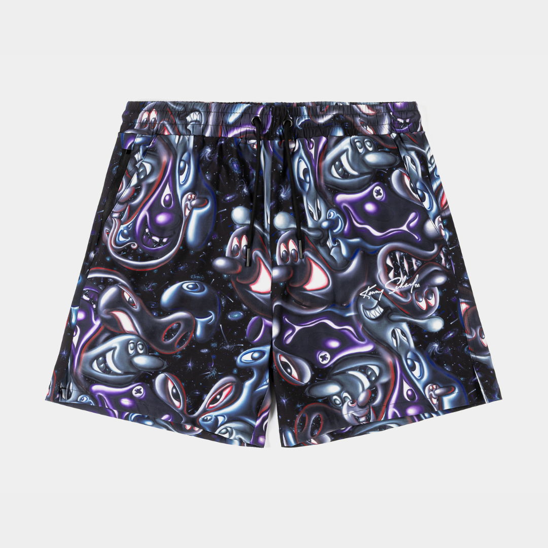 Black swim shorts with colorful abstract pattern design.