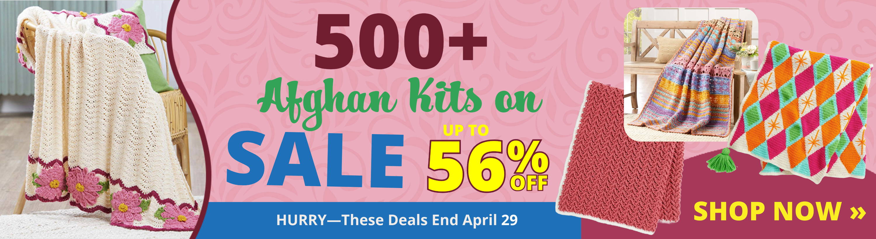 500+ Afghan Kits on Sale up to 56% off until April 29. Image: featured Afghans..