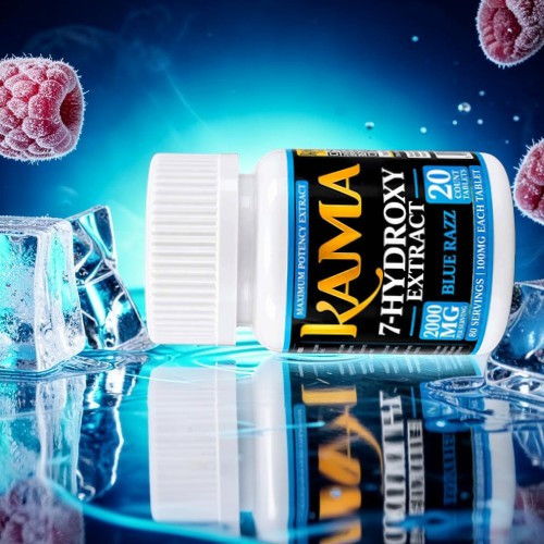 Bottle of 7-Hydroxy Extract with raspberries and ice in background.