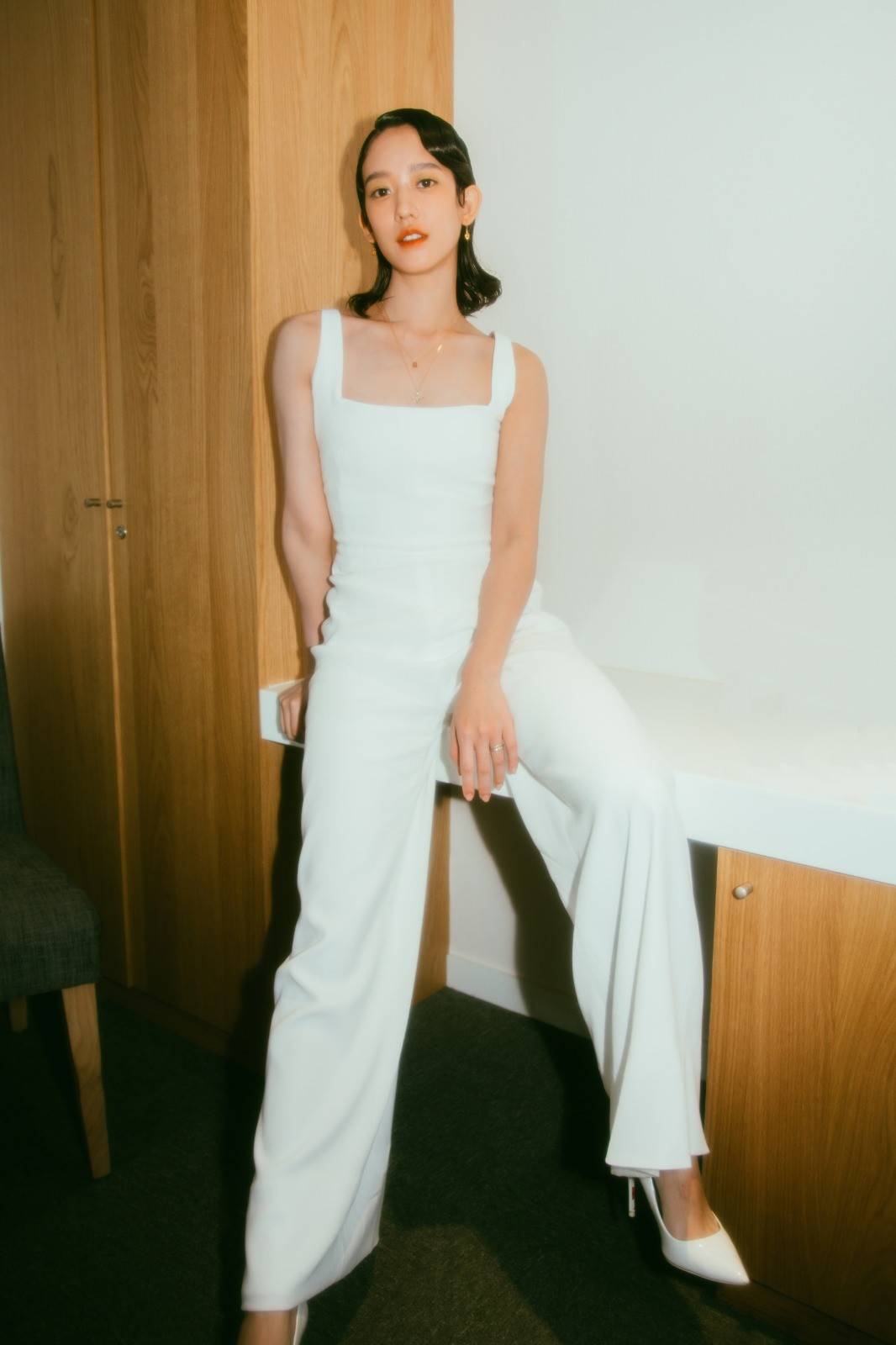 Actress Summer Meng wearing Galvan London Bridal Straight Neckline Corset White Jumpsuit