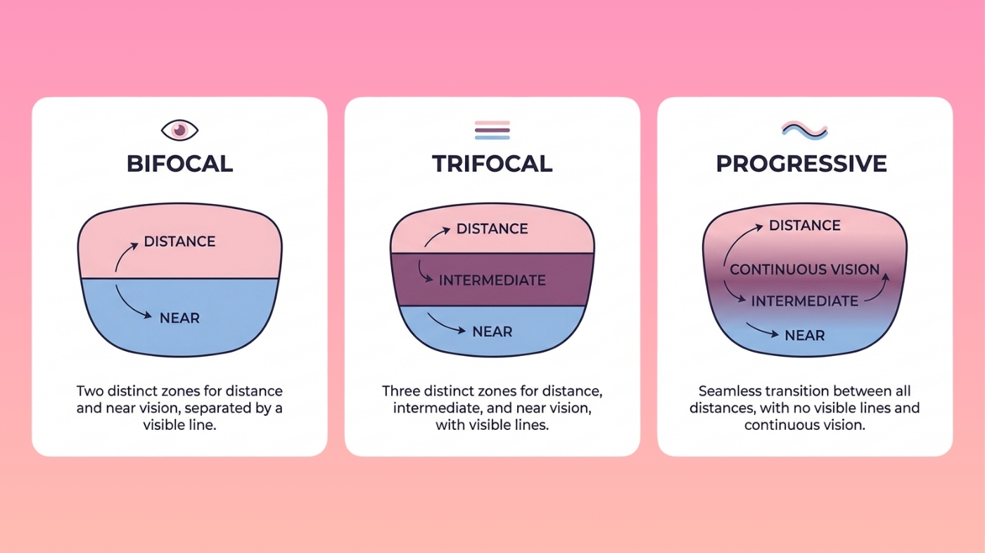 Side-by-side infographic comparing bifocal, trifocal, and progressive eyeglass lenses by number of zones and visible lines