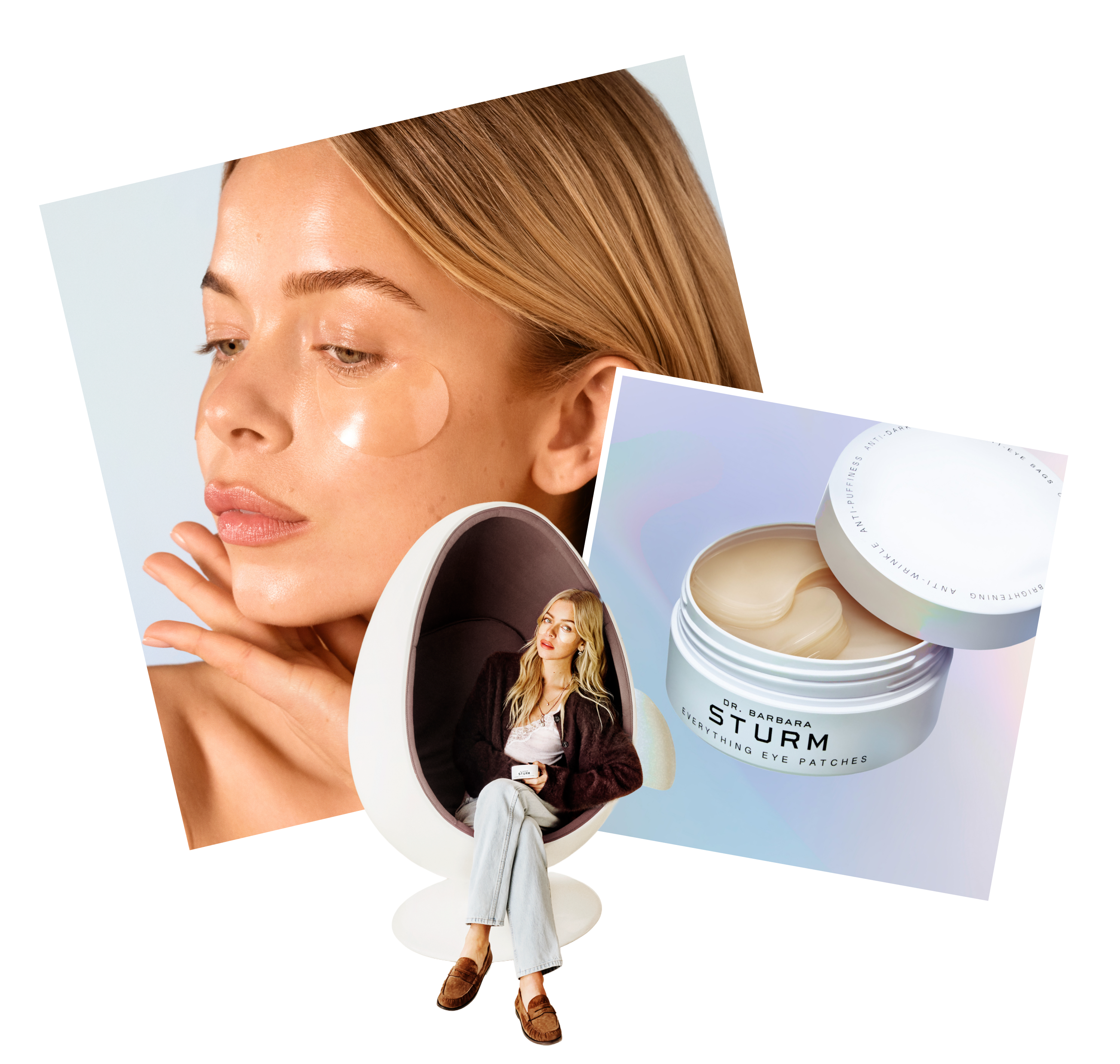 Woman applying skincare, product container, and a seated figure in a chair.