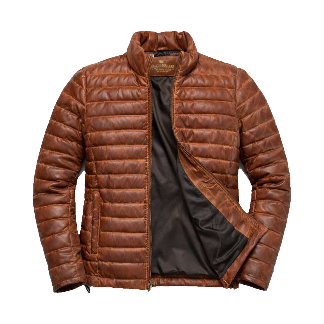 Brown leather down jacket with quilted lining, Buffalo Jackson