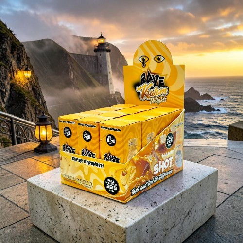 Display of energy shot boxes against a scenic coastal background at sunset.