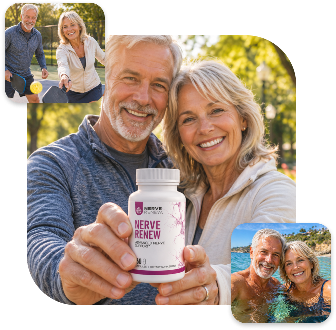 Elderly couple holding a supplement bottle, smiling in outdoor settings.