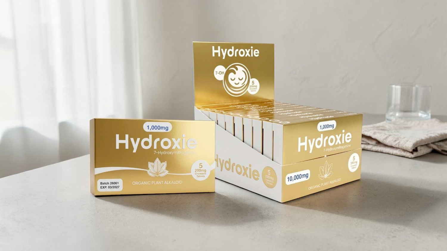 Boxes of Hydrox products on a countertop with natural light.