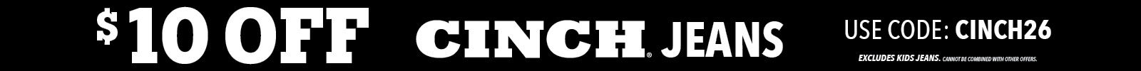 $10 off cinch jeans promotion with black background.