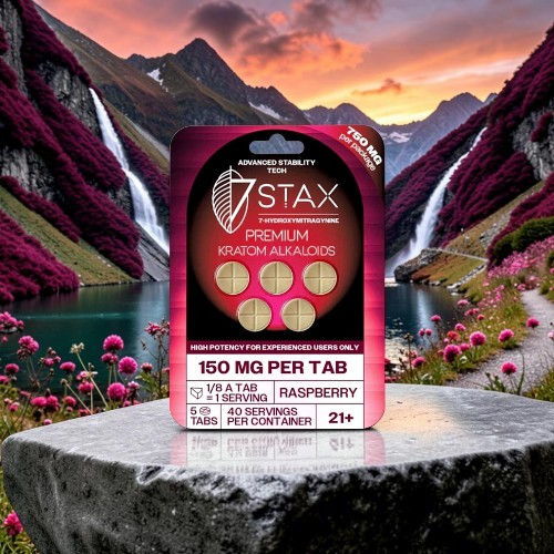 STAX premium energy tablets packaging in a scenic landscape background.