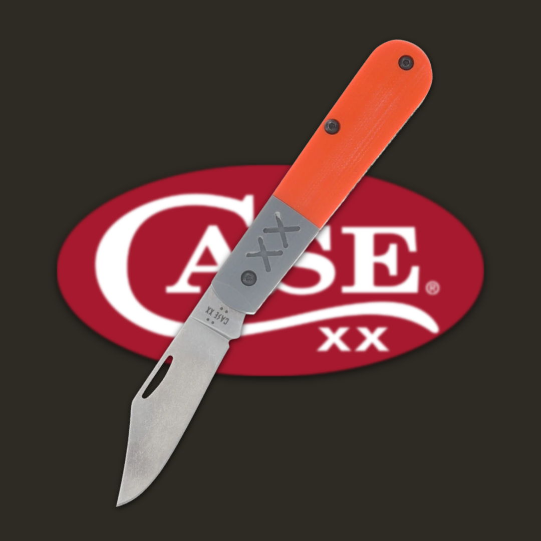 Knife with orange handle against a red CASE logo background.