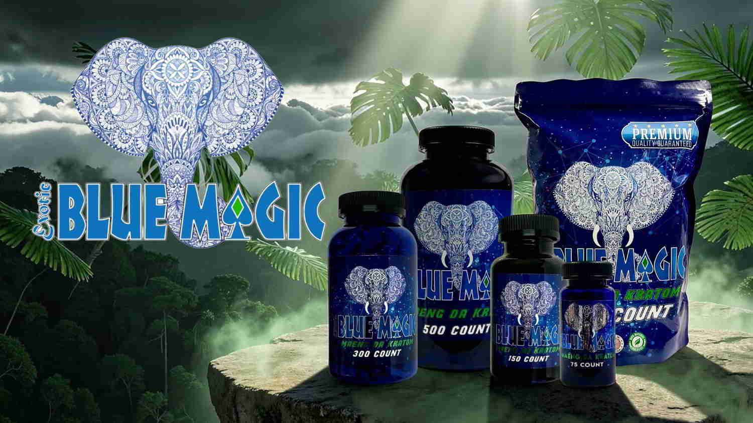 Blue Magic product lineup with elephant logo against a scenic background.